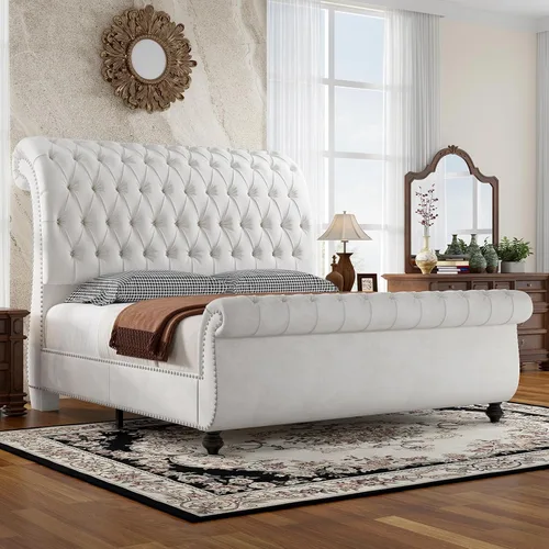 Vista 10 de Jocisland - Base de cama estilo carruaje tamaño Queen, cama de plataforma tapizada en terciopelo con cabecero y pie de cama con estampado de scroll
