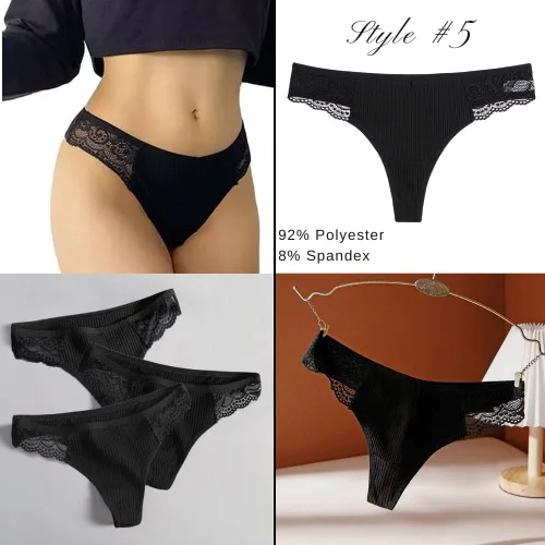 Vista 4 de Ropa interior sexy negra Paquete variado de 5 Bragas de encaje Ropa interior para mujer Bragas para mujer Lencería para mujer