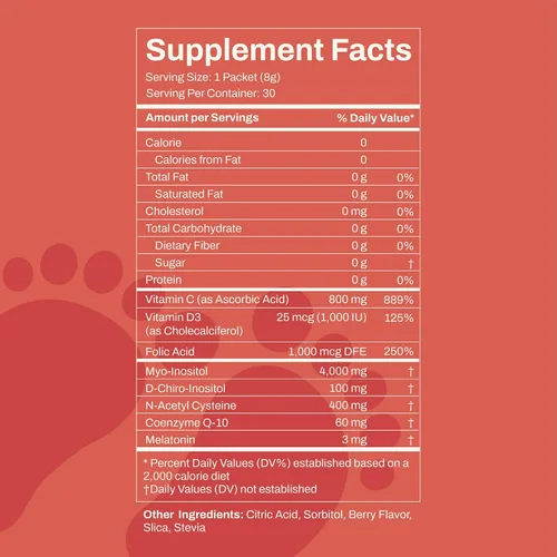 Vista 6 de Suplemento de fertilidad de mio-inositol y D-Chiro inositol para mujeres y hombres. Suministro de 30 días, paquetes con sabor a bayas. Promueve