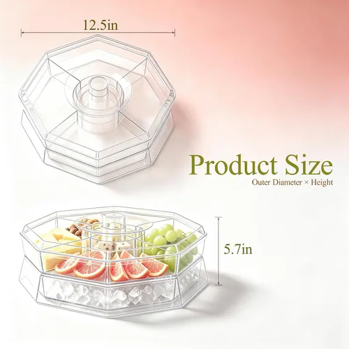 Vista 4 de 5 compartimentos para servir hielo Lazy Susan, plato de cóctel de camarones divididos con tapa, plato de plástico para tacos, bandeja fría