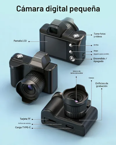 Vista 6 de Mini cámara digital, cámara portátil 1080P para fotografía con tarjeta SD de 8 GB, cadena de clip para tarjeta de llave para adolescentes