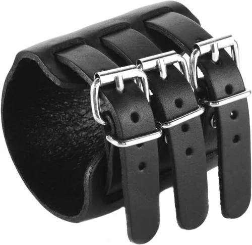 Vista 7 de HZMAN Brazalete ancho de cuero para hombre con triple correa de guantelete con hebilla de sujeción