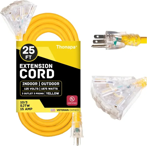 Vista 8 de Thonapa - Cable de extensión de calibre 10, 10 pies para exteriores, resistente 10/3, 3 clavijas SJTW Yellow Cable, Lighted End, Grounded Plug, 3