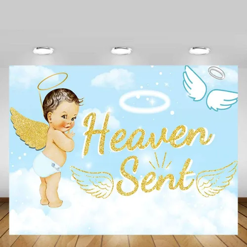 Vista 2 de Bonito telón de fondo para fiesta de baby shower, de 7 x 5 pies, cielo azul claro, nube blanca, ángel dorado, decoración de alas doradas, regalo