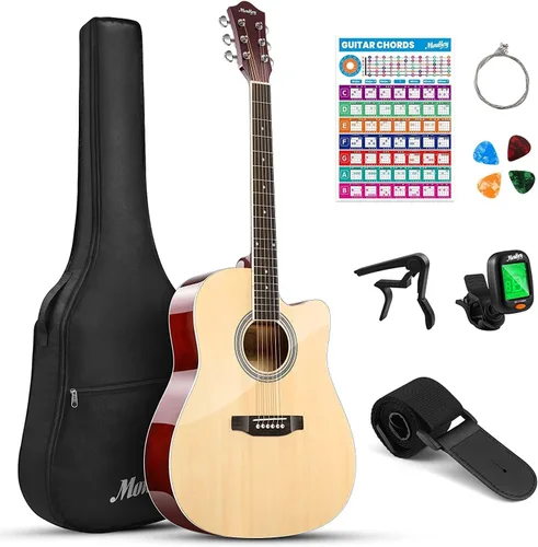 Vista 8 de Moukey Guitarra acústica de 41 pulgadas para principiantes, adultos, adolescentes, tamaño completo, con póster de acordes, bolsa de concierto, Negro