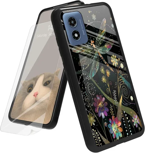 Vista 87 de Funda para Motorola Moto G Play 4G 2024 con protector de pantalla, parte trasera de vidrio templado + funda de silicona suave TPU absorción