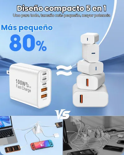 Vista 4 de FEEL2NICE - Bloque de cargador USB C de 100 W, cargador de pared rápido de 5 puertos [3 PD USB-C y 2 QC 3.0 USB-A], adaptador compacto para MacBook