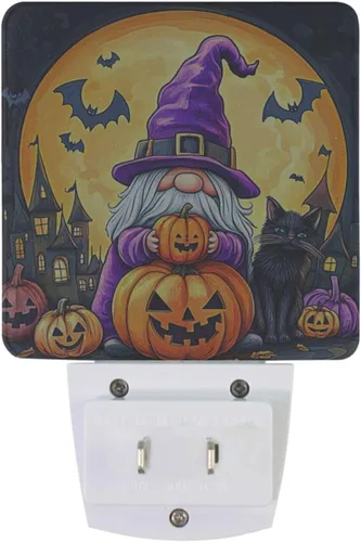 Vista 2 de Wusikd Juego de 2 luces nocturnas de gnomos de Halloween, luces LED enchufables con sensor de atardecer a amanecer, lámpara con sensor automático