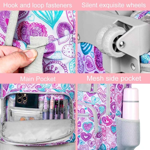 Vista 5 de ZLYERT Mochila con ruedas para mujeres y hombres, mochila con ruedas para niñas y niños, mochila de viaje para adultos, Amor Gris, Moderno