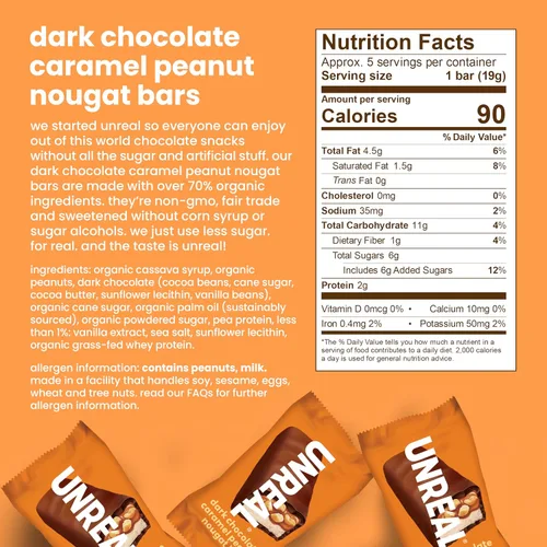 Vista 4 de UNREAL Barras de turrón de cacahuete y caramelo de chocolate oscuro, 70% ingredientes orgánicos, comercio justo, sin OMG, sin jarabe de maíz