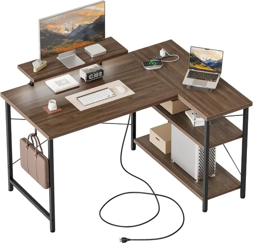 Vista 10 de Mericonia Escritorio pequeño en forma de L para computadora con tomas de corriente, escritorio de juegos para espacios pequeños, escritorio