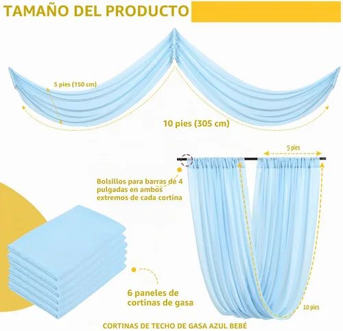 Vista 2 de 6 paneles de cortinas de techo azul bebé para boda, cortinas de techo de 5 pies x 10 pies, tela de drapeado para arco de boda, cortinas
