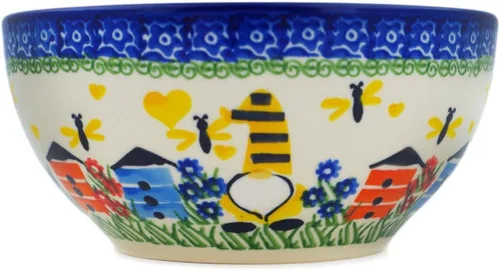 Vista 3 de Auténtico cuenco de cerámica polaca de 6 pulgadas Signature UNIKAT en diseño de gnomo de apicultor hecho a mano en Bolesławiec Polonia por Ceramika