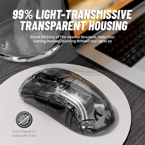 Vista 3 de Mouse inalámbrico para juegos con diseño totalmente transparente, mouse de triple modo 2.4 GUSB-CBluetooth, retroiluminación RGB 3D, mouse
