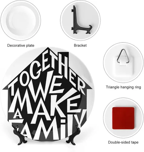 Vista 3 de Plato decorativo de cerámica de 6 pulgadas, cerámica familiar, Together We Make a Family Shaped as a House Print Ceramic Wall Hanging para cenas