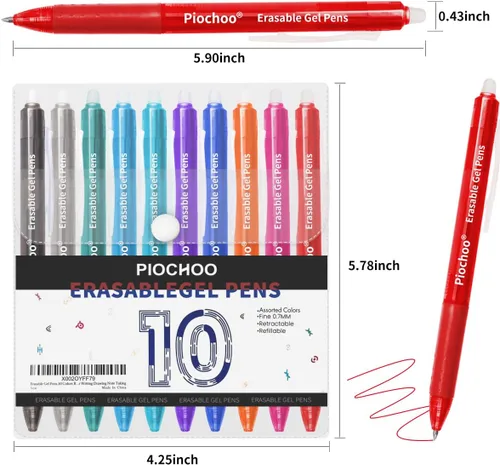 Vista 7 de Piochoo Bolígrafos borrables, 10 bolígrafos retráctiles de tinta de gel de colores surtidos, bolígrafos de punta fina de 0.028 in, bolígrafos