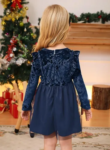 Vista 6 de IIMMER Vestido midi de tul de manga larga con volantes de terciopelo para niñas pequeñas de Navidad