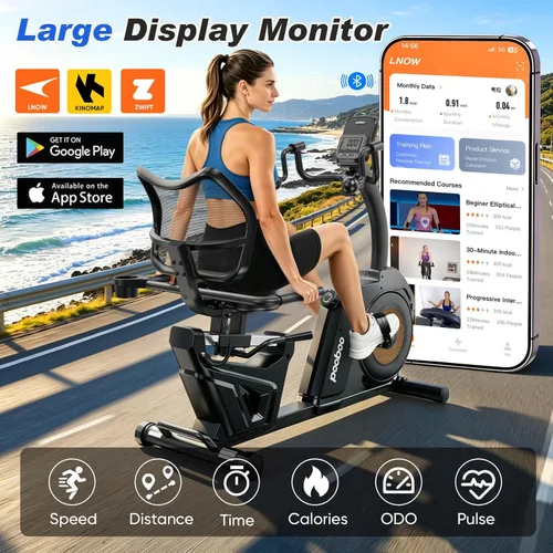 Vista 8 de pooboo - Bicicleta reclinada para ejercicios, bicicletas estáticas para el hogar con ejercitador de brazos, bicicleta reclinada magnética