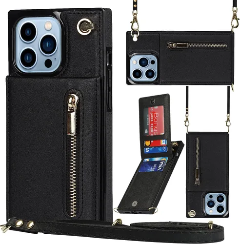 Vista 7 de Funda compatible con iPhone 13 de 6.1 pulgadas, a prueba de golpes, bolsillo con cremallera, correa de hombro, elegante funda protectora para iPhone