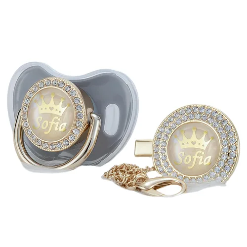 Vista 18 de Juego de Chupete y Clip Personalizado con Cualquier Nombre, Bling Oro Plata, 18 Colores, Libre de BPA, Diseño Único Lujoso, Chupete Ideal para Bebé