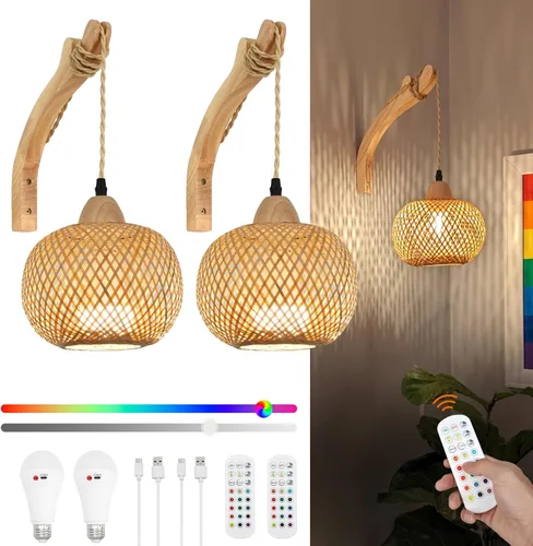 Vista 12 de Frideko Lámpara de Pared de Ratán con Cable de Enchufe Tejida a Mano Apliques de Pared con Enchufe Lámpara de Pared de Cuerda de Papel Aplique