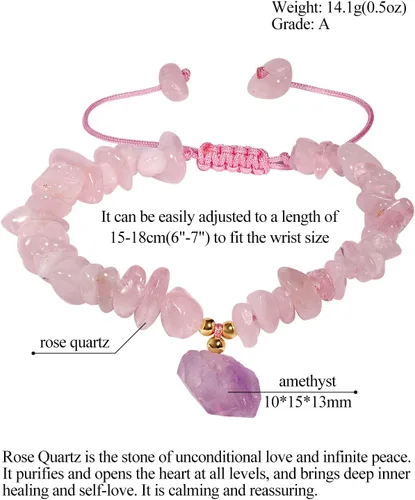 Vista 5 de Jewever Chip Reiki - Pulsera de cristal de cuarzo rosa con amatista cruda para mujer, cristales curativos y piedras preciosas para yoga, meditación