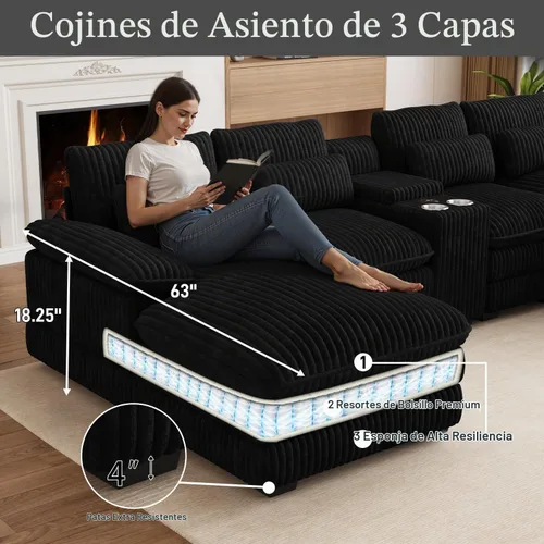 Vista 3 de Sofá modular en forma de U de 132 pulgadas, sofá modular para sala de estar, sofá moderno de pana de felpa de gran tamaño con consola central Negro