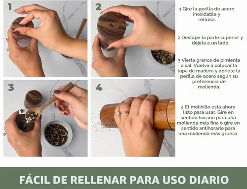 Vista 8 de Saffron & Sage Premium - Molinillo de sal y pimienta de madera de acacia de 2 a 8 pulgadas de alto con ajustes gruesos ajustables, resistente a