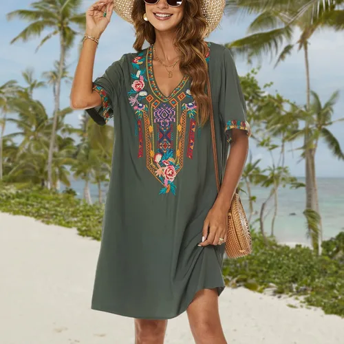 Vista 5 de Grosy Vestidos campesinos mexicanos bordados para mujer, vestido bohemio de fiesta de talla grande para mujer, túnica bohemia floral tradicional