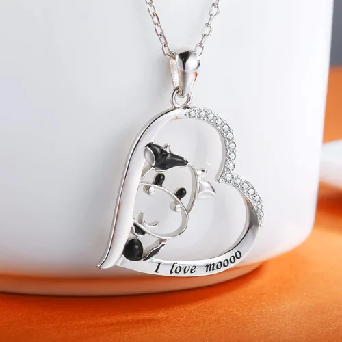 Vista 2 de Collar de vaca de plata de ley 925 con colgante de vaca, joyería con estampado de vaca para mujer, regalos de cumpleaños