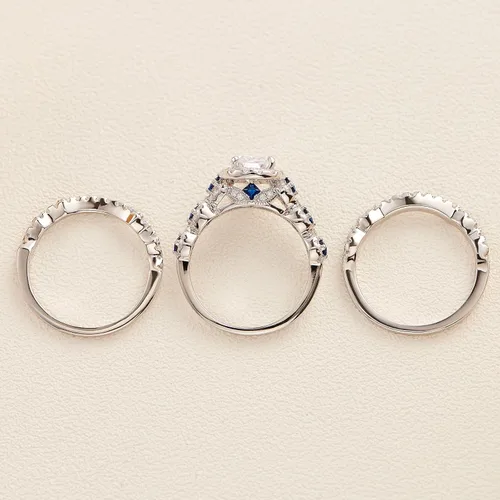 Vista 6 de Newshe - Juego de anillos de compromiso de plata de ley 925, 3 piezas de 2,5 quilates, color blanco, azul, talla 5 10