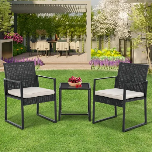 Vista 2 de PayLessHere Juego de muebles de patio al aire libre de 3 piezas Caqui Moderno juego de bistró de ratán con sillas acolchadas y mesa de centro