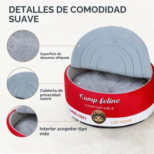 Vista 4 de PECHVINO Cama para gatos en forma de lata con funda de privacidad, cómodo cojín para gatos y perros pequeños