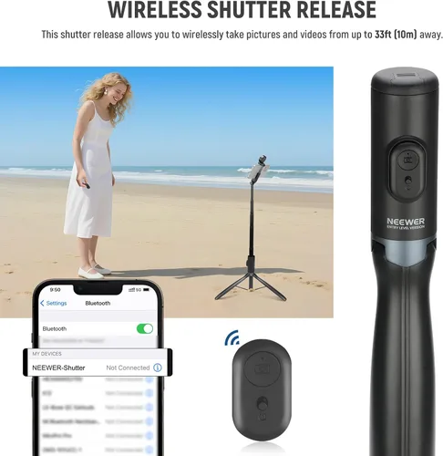 Vista 7 de NEEWER Trípode selfie stick de nivel de entrada con luz y control remoto compatible con iPhone Samsung Android, soporte portátil extensible de 67