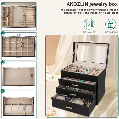 Vista 4 de AKOZLIN Joyero organizador de 4 niveles con tapa de vidrio transparente para mujeres y niñas, anillo collar, aretes, pulsera, reloj, color negro