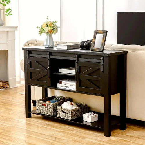 Vista 4 de Mesa de entrada con puertas correderas de granero, mesa consola de granja de 46 pulgadas con almacenamiento, mesa de sofá rústica con estante 2-Negro