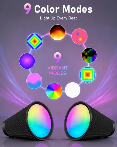 Vista 3 de Altavoz Bluetooth portátil inalámbrico con 9 luces de color, tiempo de reproducción de 20 horas, emparejamiento estéreo, graves profundos, IPX6 Negro
