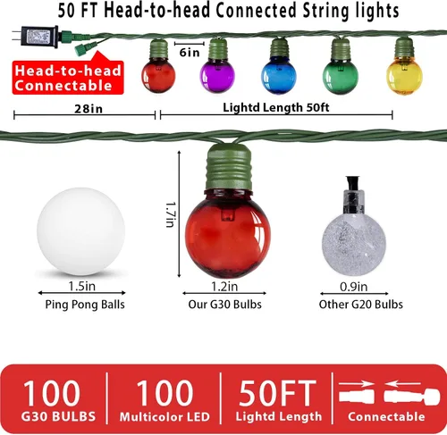 Vista 3 de 100 luces LED de 15 metros de bolas de Navidad redondas G30 al aire libre, luces de bolas pequeñas de Navidad redondas G30, impermeables