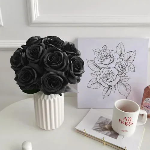 Vista 2 de Eternal Blossom 10 flores artificiales de seda de rosa negra de 19.7 in para ramo de novia, decoración de boda para el hogar Negro