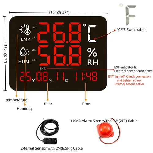 Vista 2 de Termómetro de pantalla grande con alarma, temperatura grande, máximo mínimo para monitorear alerta de medidor de humedad de alta y baja temperatura