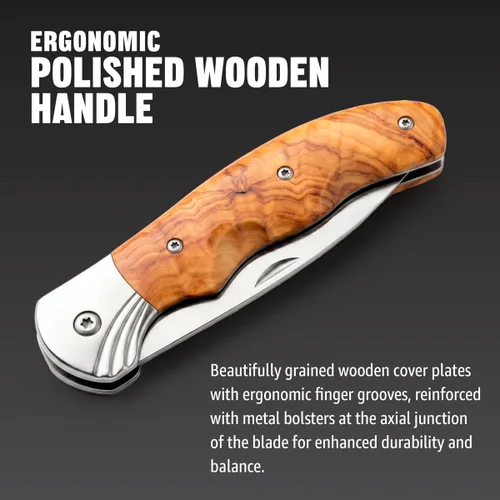 Vista 4 de Para Hombre - Cuchillo de bolsillo plegable con mango de madera -Grand Way 6651 3. Madera dorada