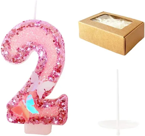 Vista 8 de Velas de cumpleaños número 4, velas de pastel de feliz cumpleaños con purpurina rosa hecha a mano rosado