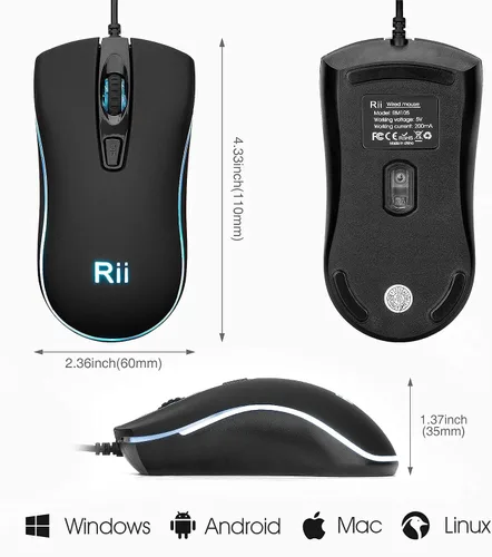 Vista 8 de Rii Ratón con cable RM105, mouse de computadora con retroiluminación RGB colorida, agarre cómodo óptico ergonómico, ratones con cable USB compatible