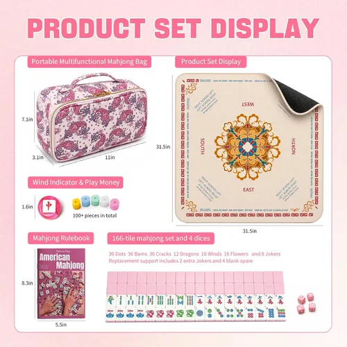Vista 2 de HAYI American Mahjong Set con bolsa de dados y alfombrilla (rosa)