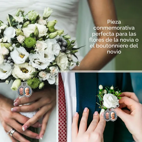 Vista 4 de Encanto doble de la foto del ramo de la boda de la foto para las flores de la novia o Boutonniere Pin con el cambiador