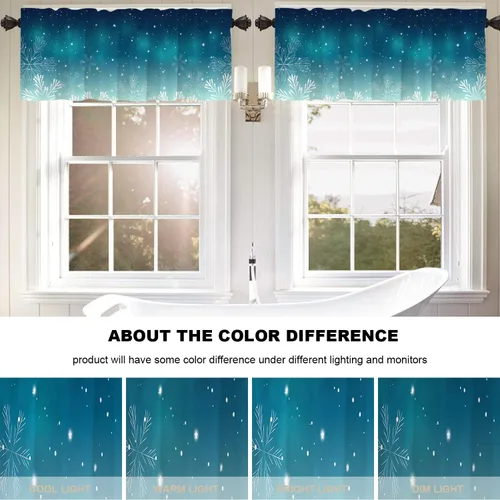 Vista 6 de Cenefas de cocina de copos de nieve de invierno para ventanas, cenefas opacas de copos de nieve de Navidad azul turquesa, cortinas de poliéster