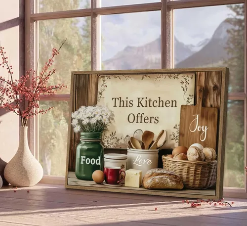 Vista 7 de Arte de pared de cocina campestre, naturaleza muerta en lienzo, estilo rústico vintage, granja. Esta cocina ofrece amor y alegría por la comida.