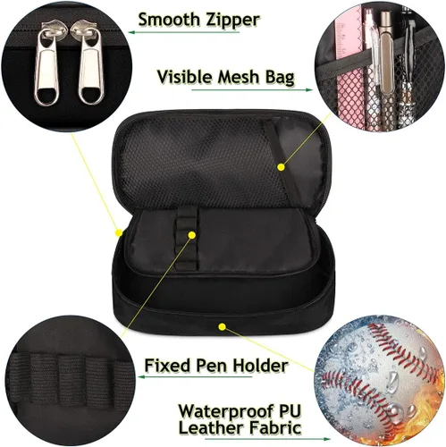 Vista 4 de Estuche de cuero blanco de béisbol 3D para lápices, organizador de papelería de gran capacidad, bolsa para lápices con agua y fuego para niños