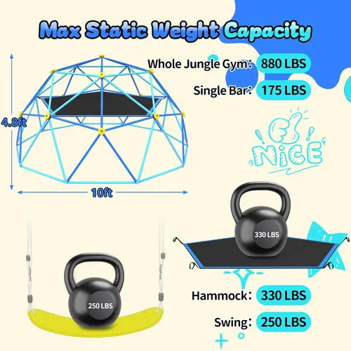 Vista 2 de Gardenature - Cúpula de escalada de 10 pies con hamaca y columpio, gimnasio de jungla al aire libre para niños, estructura de escalada de cúpula