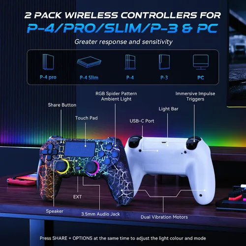 Vista 5 de Fanyooge Light-up Controller for PS4,2 Pack Crack Design Remote Control for Ps4 with RGB Light,Hall Effect Joystick,1000mAh Battery,Vibration,6-Axis